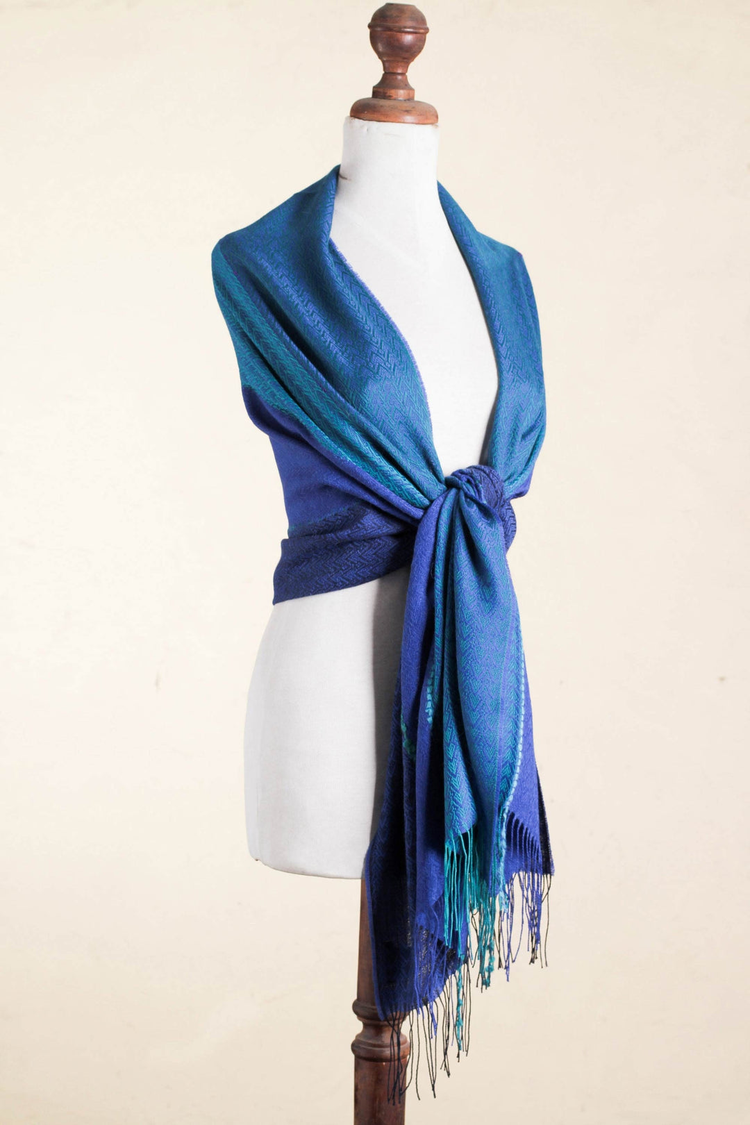 Handwoven Alpaca Blend Shawl with Blue Stripes from Peru - Passionate Woman in Blue