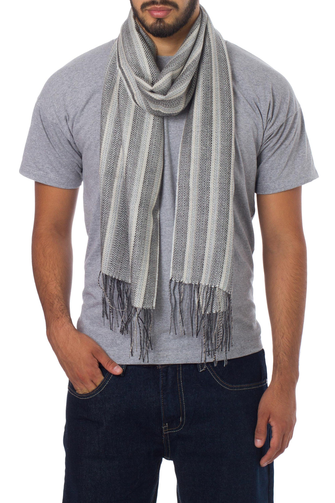 Men's Handwoven Alpaca Blend Wrap Scarf in Grey from Peru - Manly Stripes