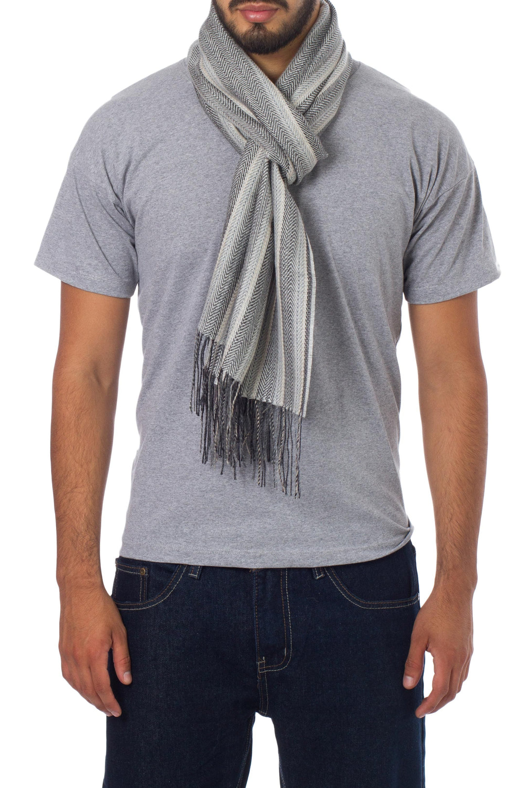 Men's Handwoven Alpaca Blend Wrap Scarf in Grey from Peru - Manly Stripes