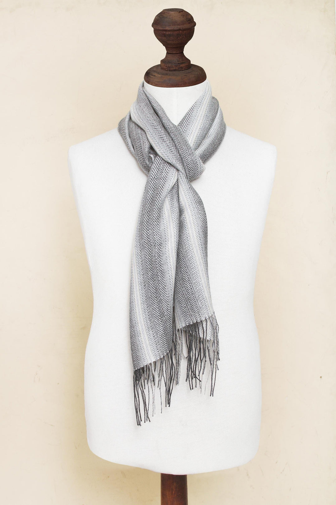 Men's Handwoven Alpaca Blend Wrap Scarf in Grey from Peru - Manly Stripes