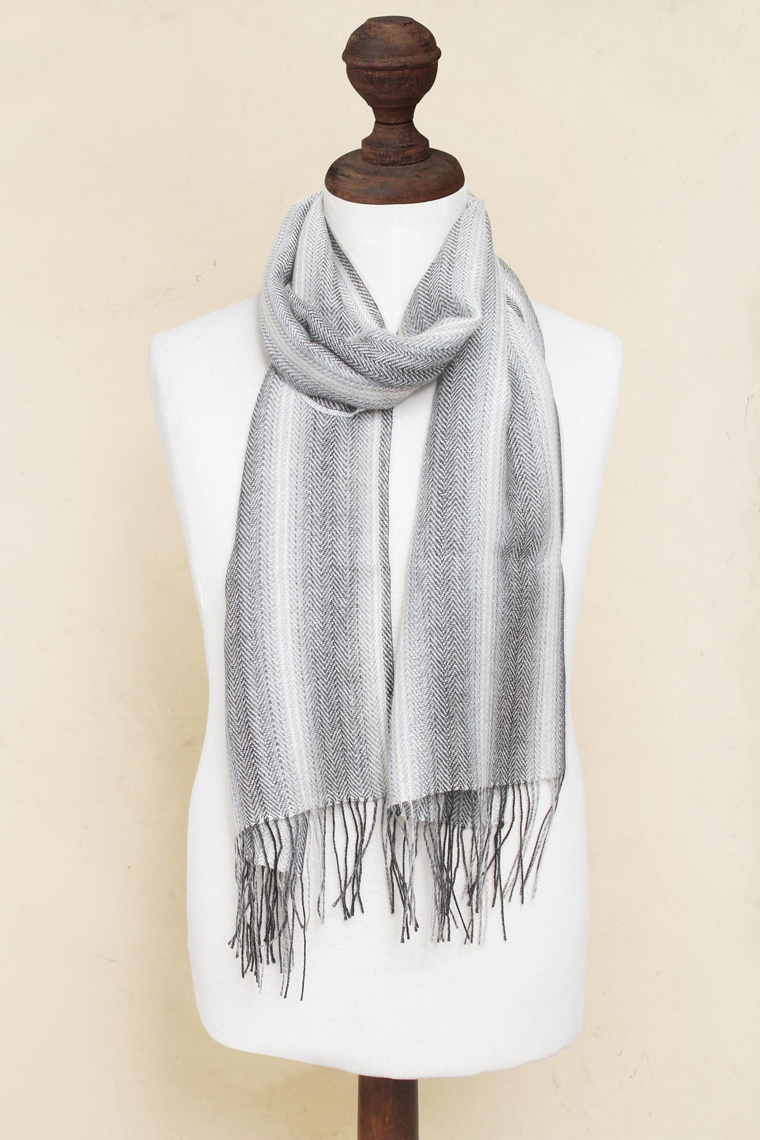 Men's Handwoven Alpaca Blend Wrap Scarf in Grey from Peru - Manly Stripes