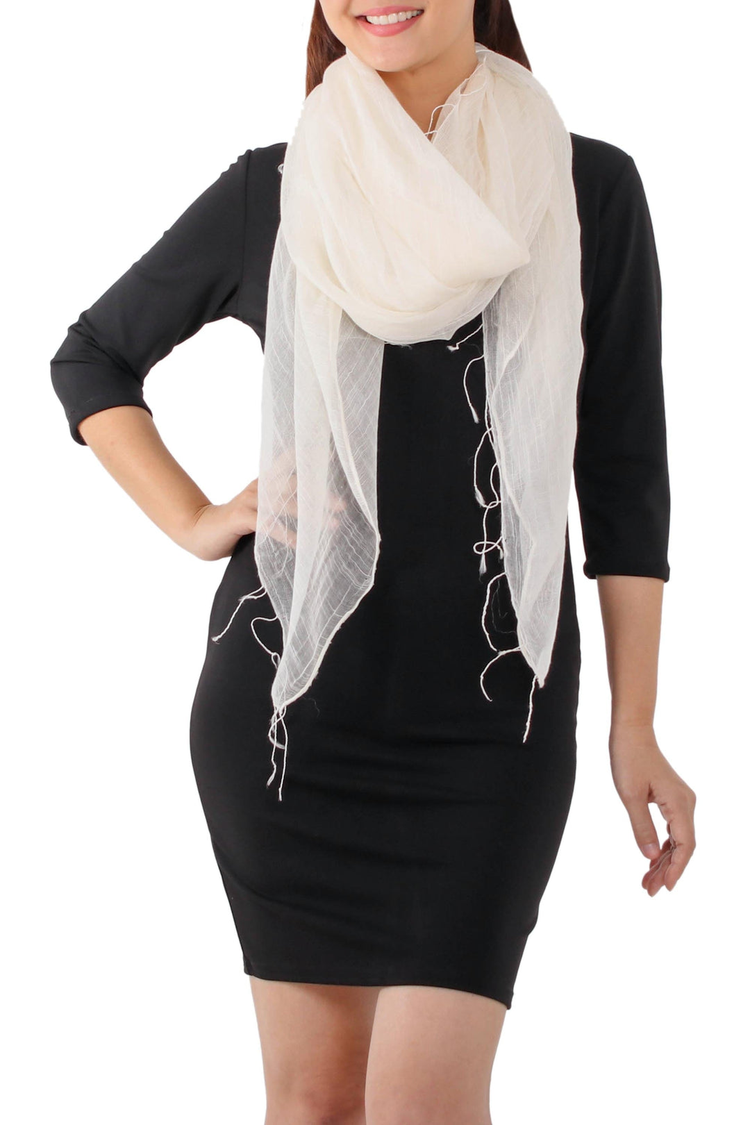 Handwoven Silk Blend Scarf in Alabaster from Thailand - Dazzling Beauty in Alabaster