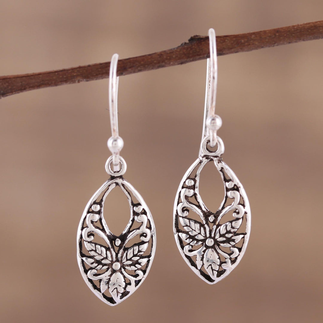 Leaf and Flower Themed Sterling Silver Dangle Earrings - Bygone Flowers