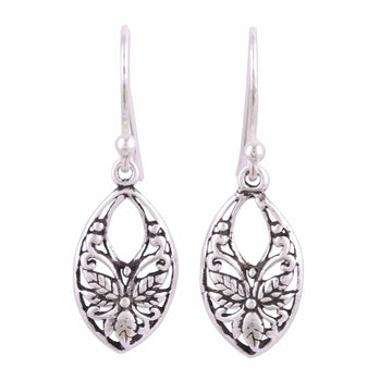 Leaf and Flower Themed Sterling Silver Dangle Earrings - Bygone Flowers