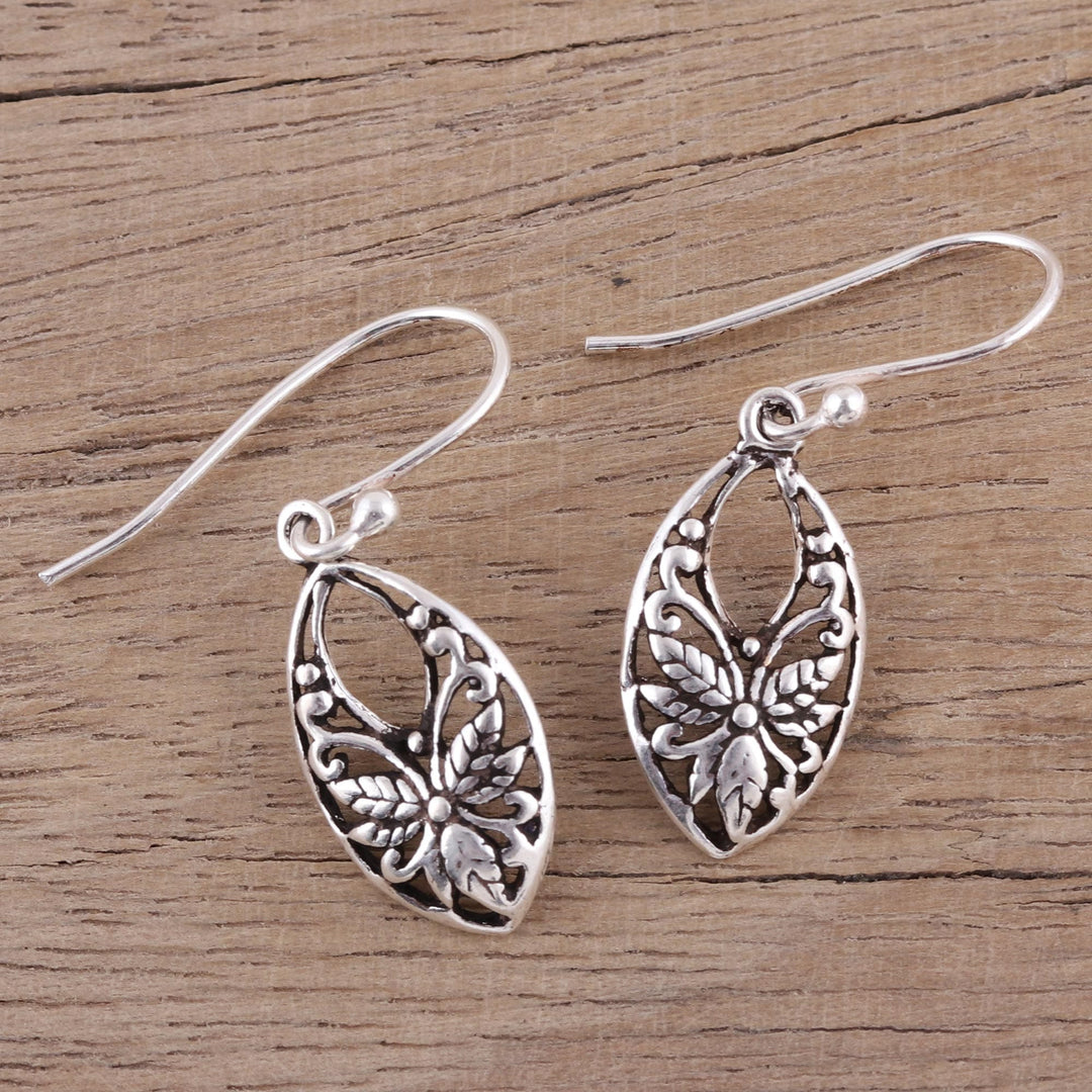 Leaf and Flower Themed Sterling Silver Dangle Earrings - Bygone Flowers