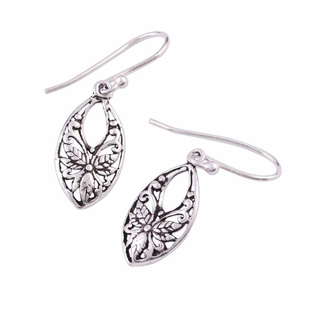 Leaf and Flower Themed Sterling Silver Dangle Earrings - Bygone Flowers