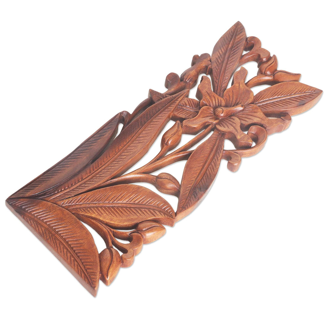 Hand Carved Balinese Wood Orchid Wall Relief Panel - Orchid Charm