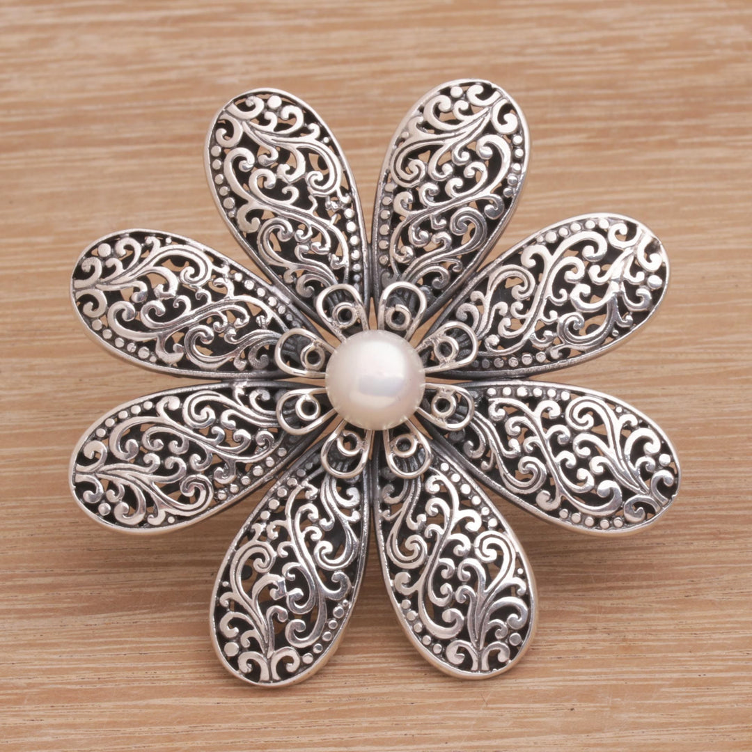 Handmade 925 Sterling Silver Cultured Pearl Floral Brooch - Starlight Flower