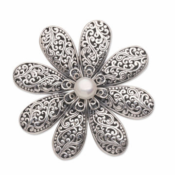 Handmade 925 Sterling Silver Cultured Pearl Floral Brooch - Starlight Flower