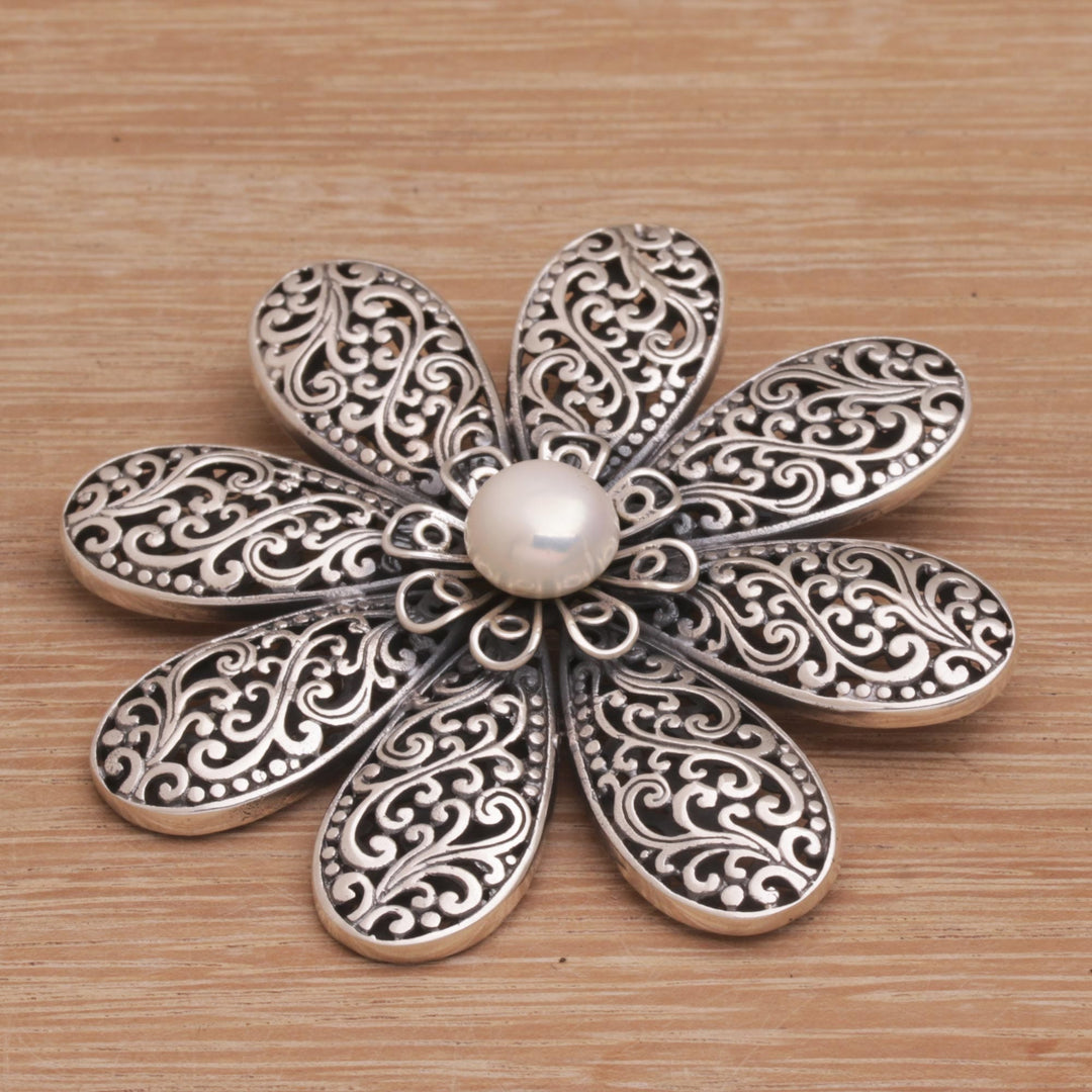 Handmade 925 Sterling Silver Cultured Pearl Floral Brooch - Starlight Flower