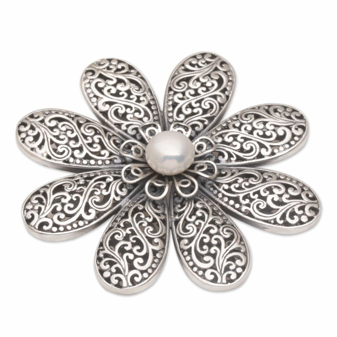 Handmade 925 Sterling Silver Cultured Pearl Floral Brooch - Starlight Flower
