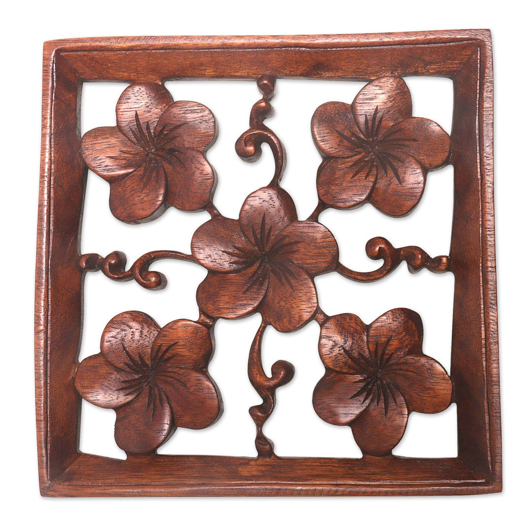 Hand Carved Frangipani Flower Relief Panel from Bali - Frangipani Square