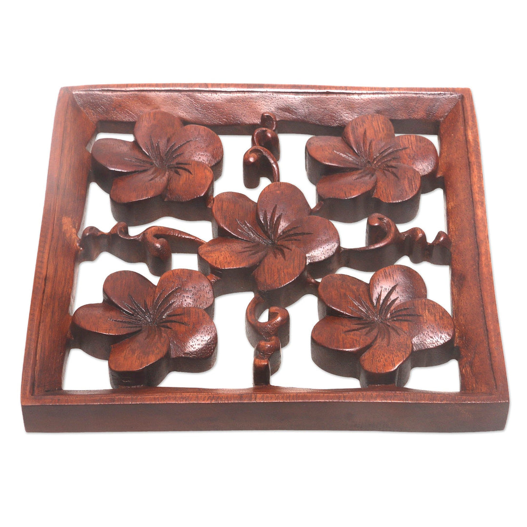 Hand Carved Frangipani Flower Relief Panel from Bali - Frangipani Square