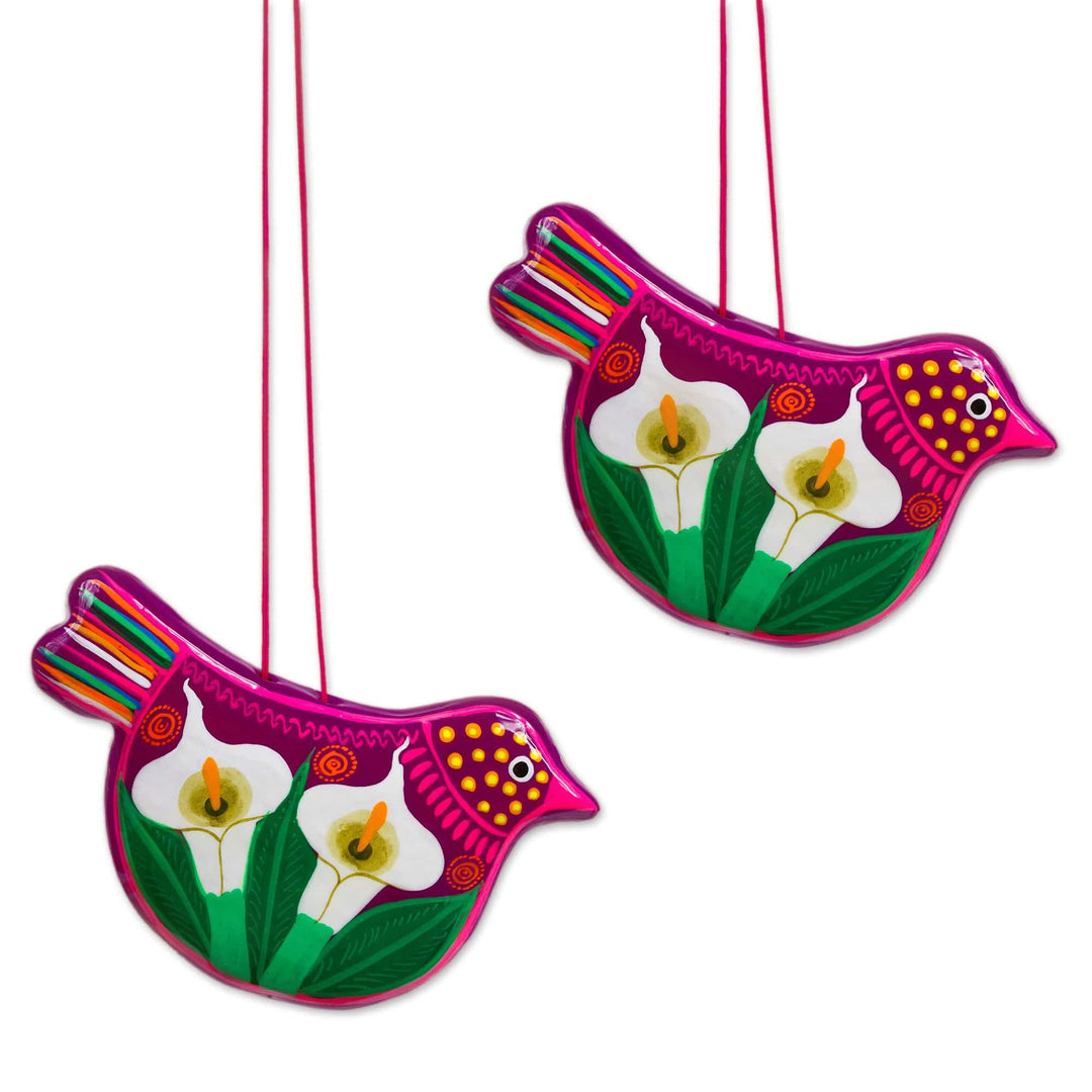 Handcrafted Fuchsia Ceramic Peace Dove Ornaments (Pair) - Bright Bird Joy