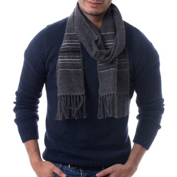 Fair Trade Woven Dark Gray Alpaca Blend Scarf for Men - Andean Clouds in Charcoal