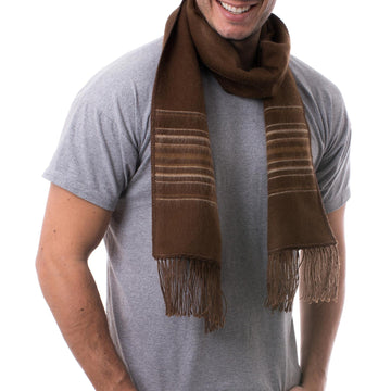 Men's Artisan Crafted Woven Brown Alpaca Blend Scarf - Andean Clouds in Brown