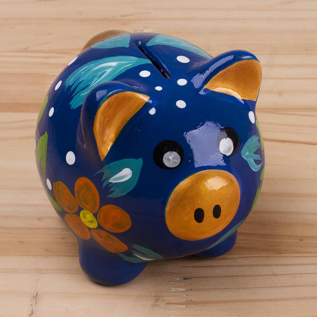 Hand-Painted Floral Ceramic Decorative Accent (4 inch) - Blue Pig