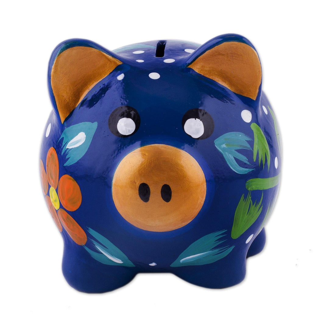 Hand-Painted Floral Ceramic Decorative Accent (4 inch) - Blue Pig