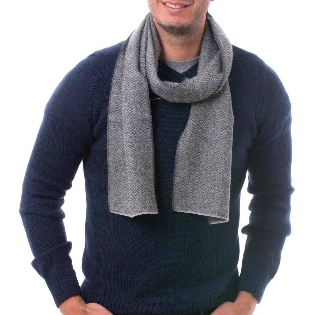 Handwoven Grey Herringbone 100% Alpaca Scarf for Men - Grey Herringbone