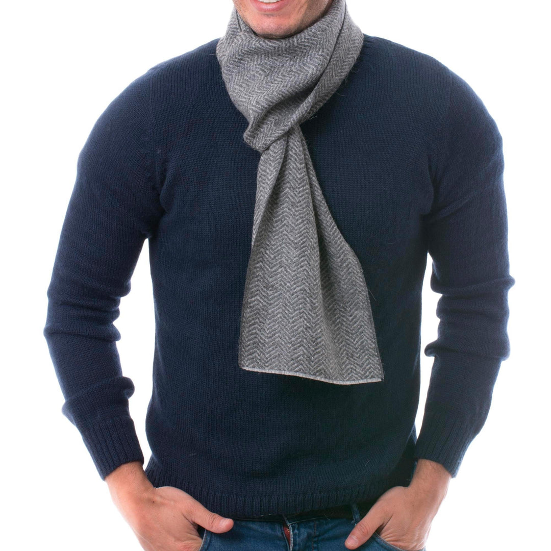 Handwoven Grey Herringbone 100% Alpaca Scarf for Men - Grey Herringbone