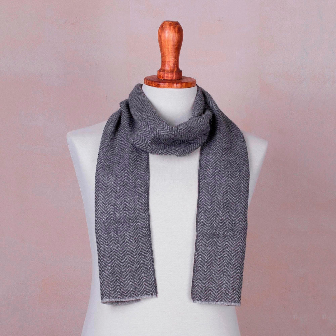 Handwoven Grey Herringbone 100% Alpaca Scarf for Men - Grey Herringbone