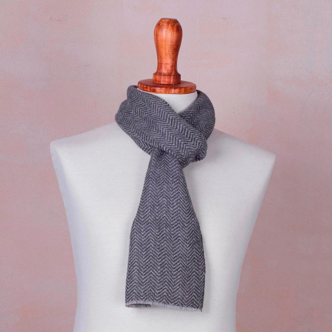 Handwoven Grey Herringbone 100% Alpaca Scarf for Men - Grey Herringbone