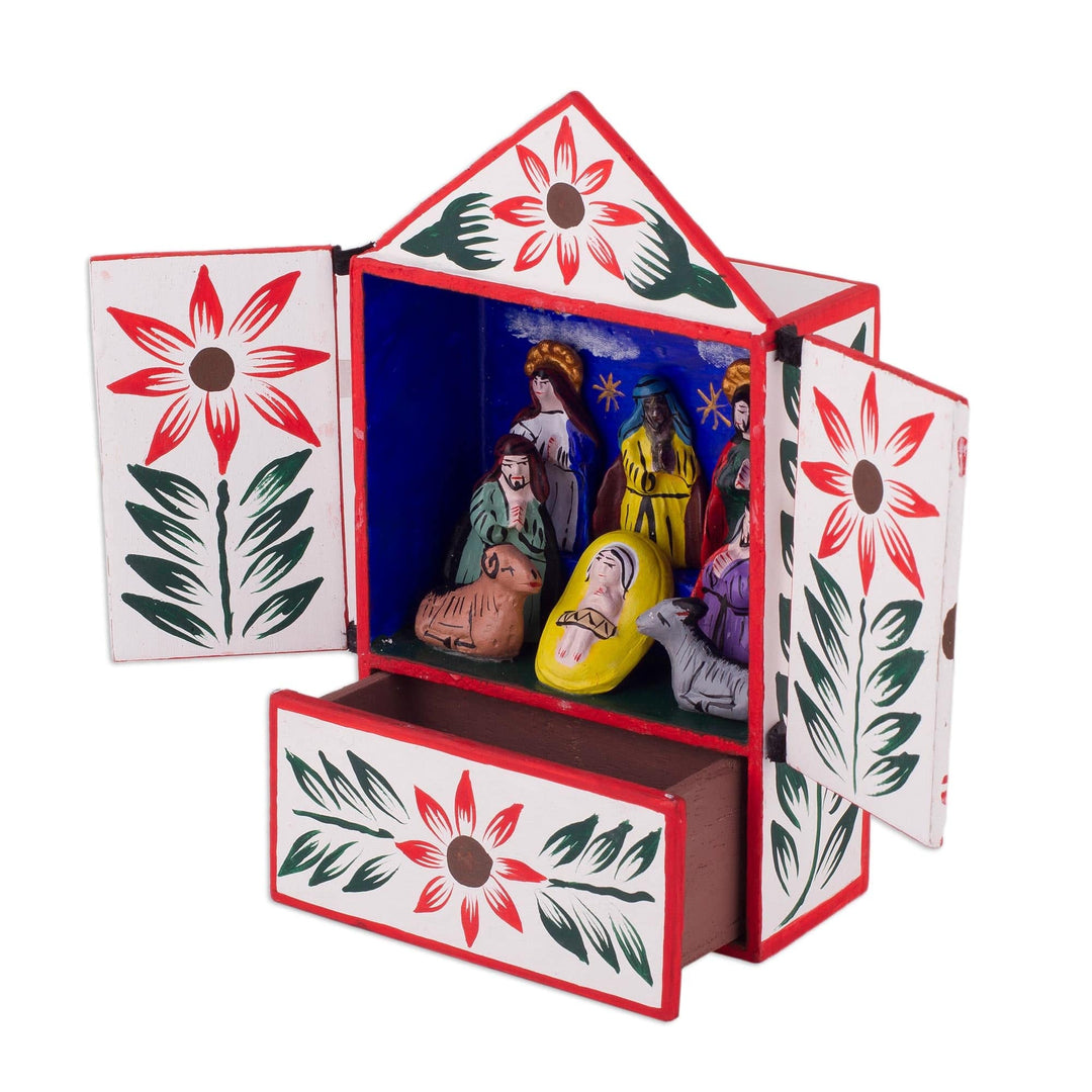Handcrafted Ayacucho Wood Retablo from Peru - Nativity in Bethlehem