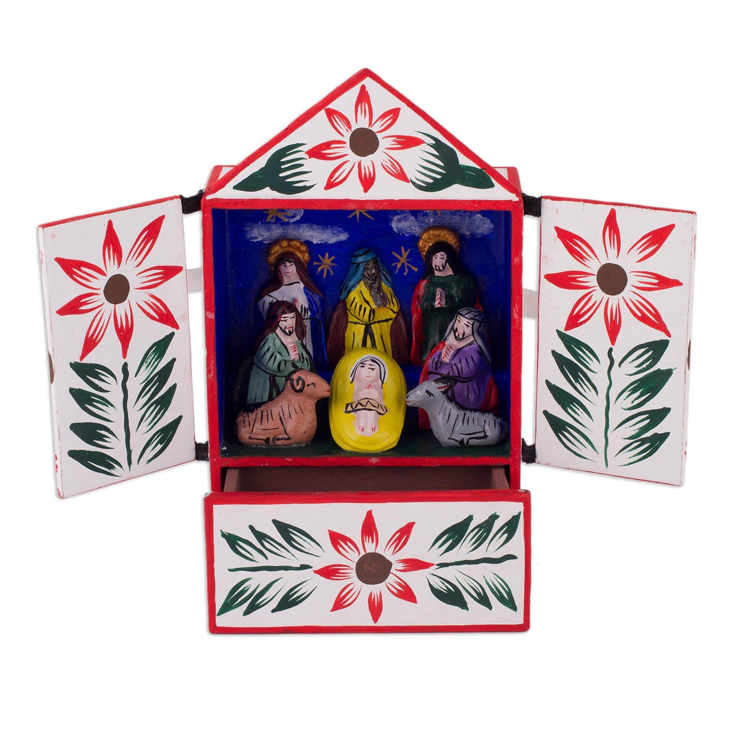 Handcrafted Ayacucho Wood Retablo from Peru - Nativity in Bethlehem