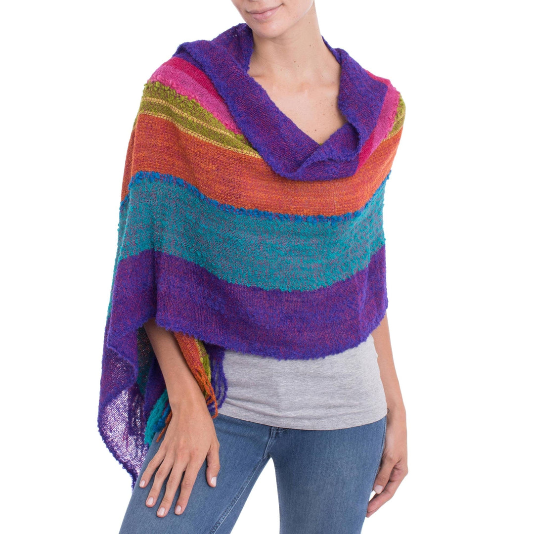 Bold Multi-Color Striped Baby Alpaca Blend Hand Woven Shawl - Mountain Sunset