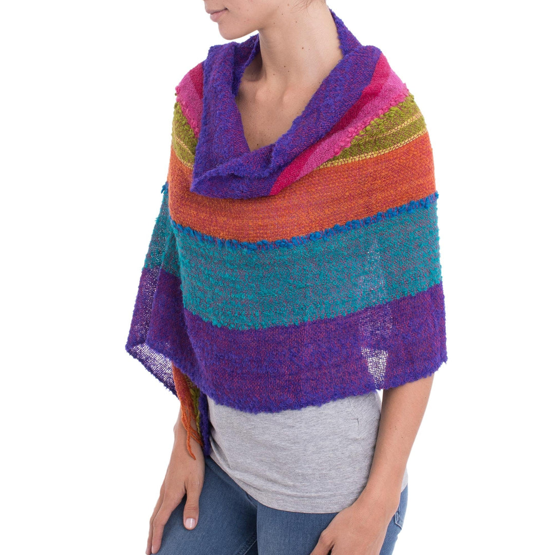 Bold Multi-Color Striped Baby Alpaca Blend Hand Woven Shawl - Mountain Sunset