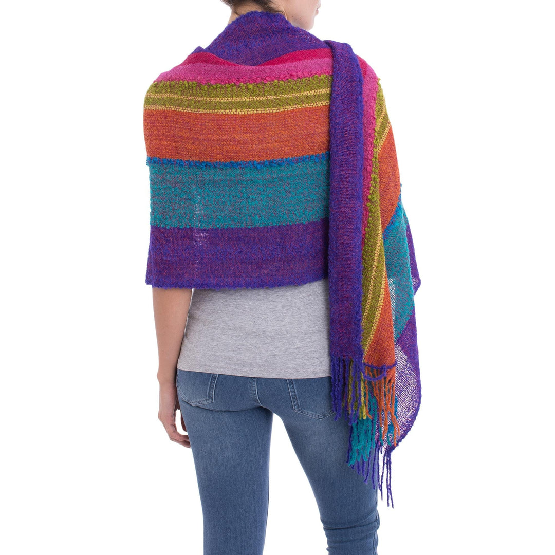 Bold Multi-Color Striped Baby Alpaca Blend Hand Woven Shawl - Mountain Sunset