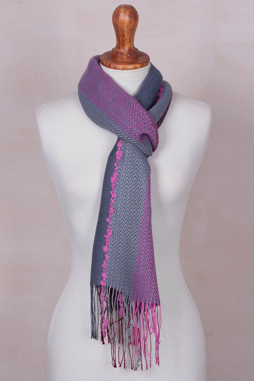 Baby Alpaca Blend Hand Woven Pink and Grey Striped Scarf - Rosy Splendor