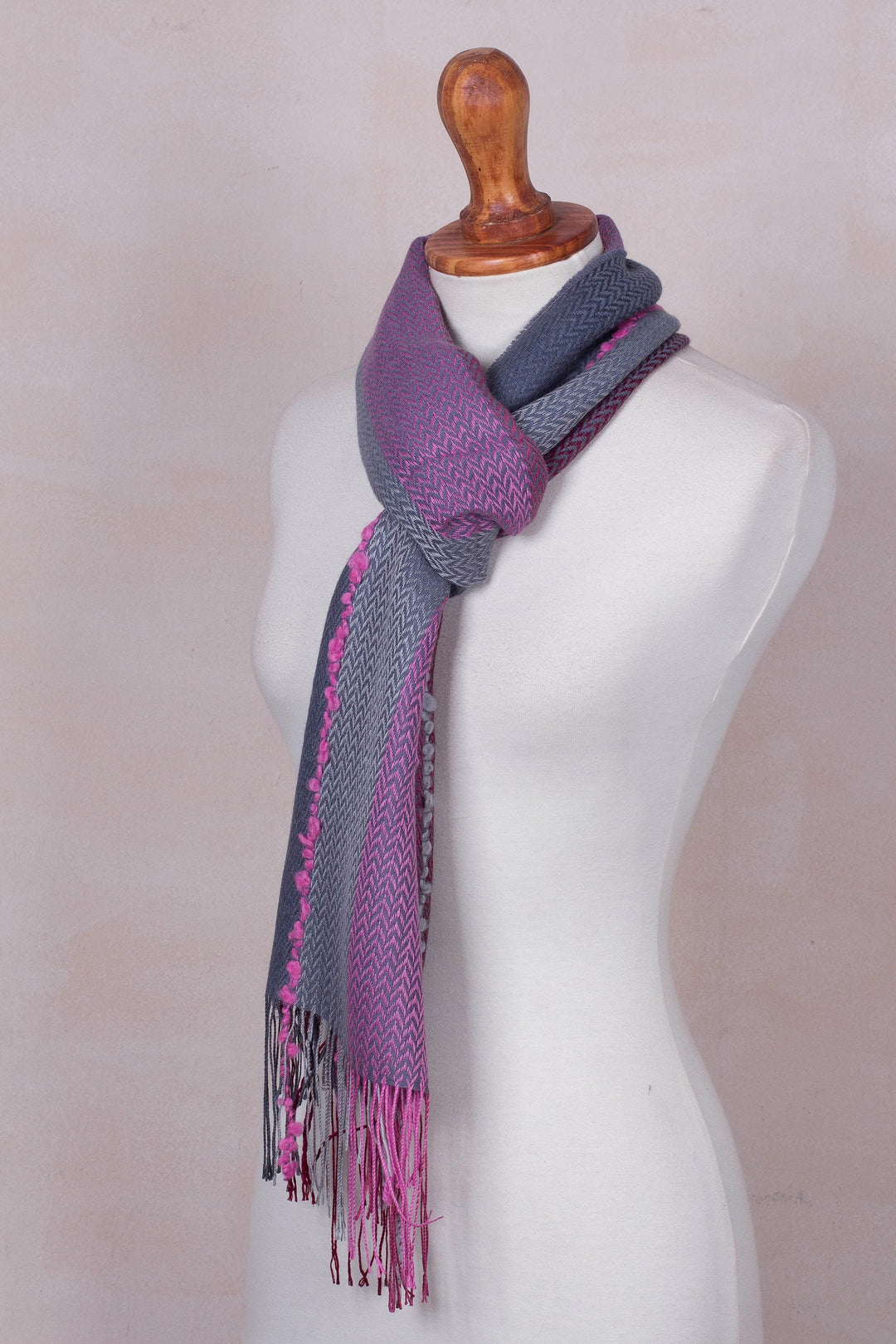 Baby Alpaca Blend Hand Woven Pink and Grey Striped Scarf - Rosy Splendor