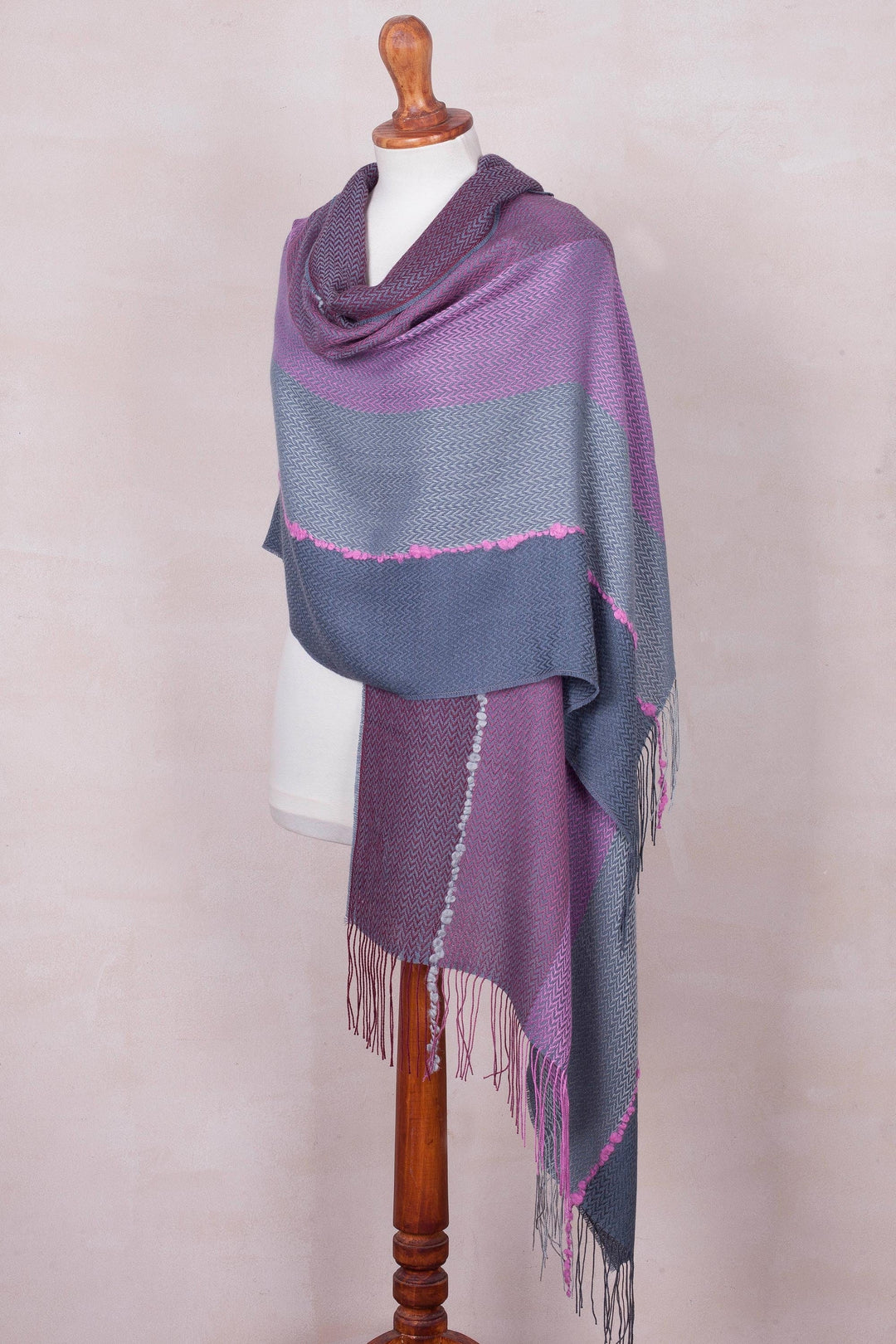 Pink and Grey Baby Alpaca Blend Hand Woven Shawl - Stone Rose