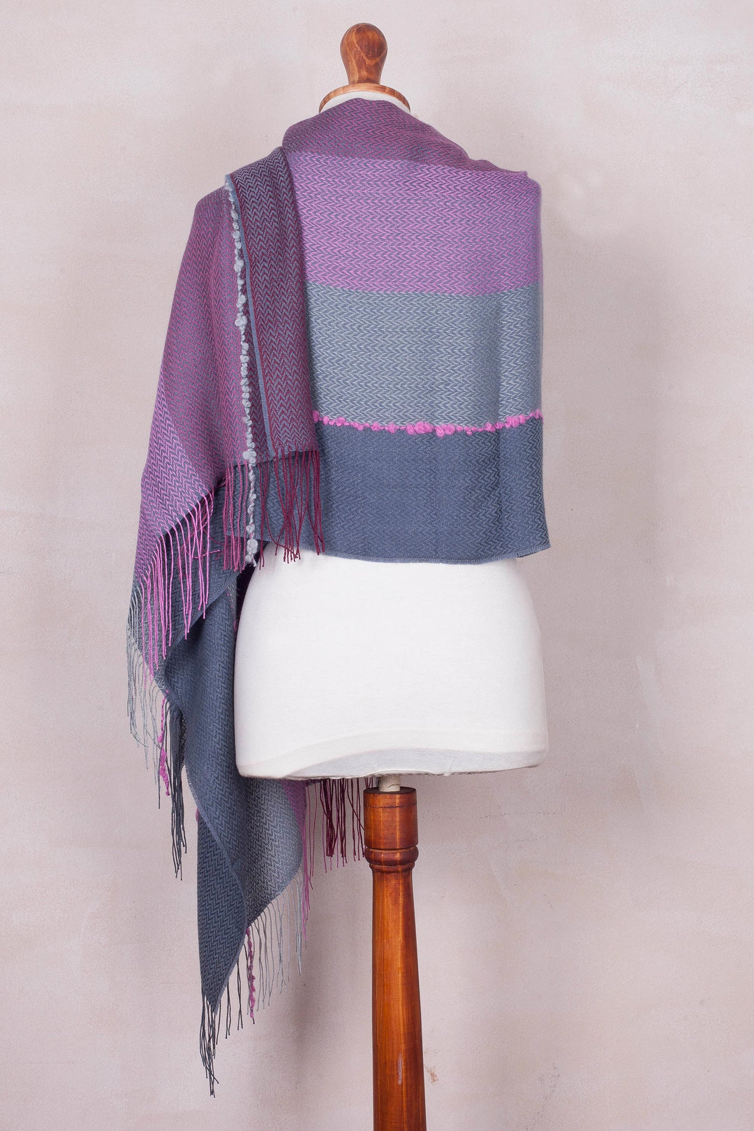 Pink and Grey Baby Alpaca Blend Hand Woven Shawl - Stone Rose