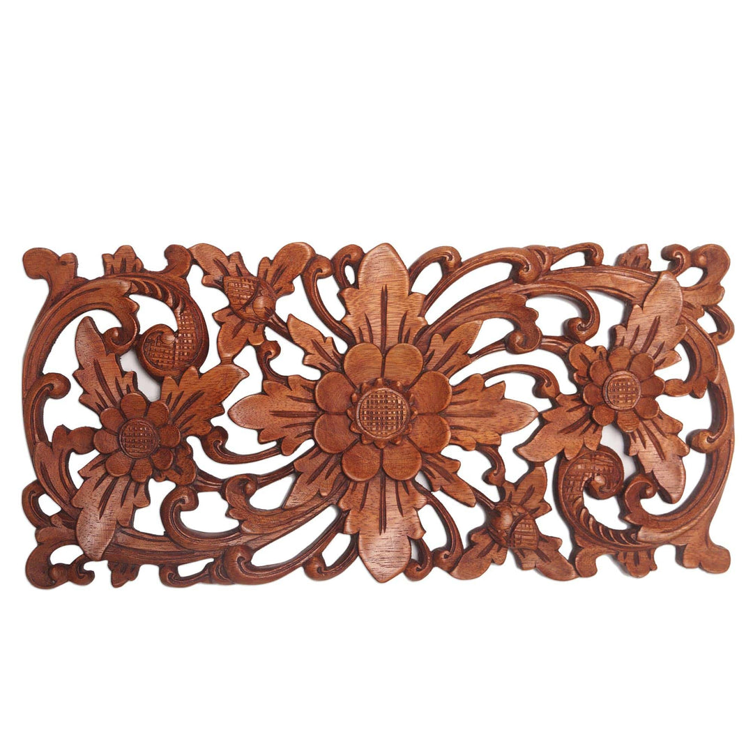 Hand Carved Suar Wood Floral Wall Panel - Majestic Flowers