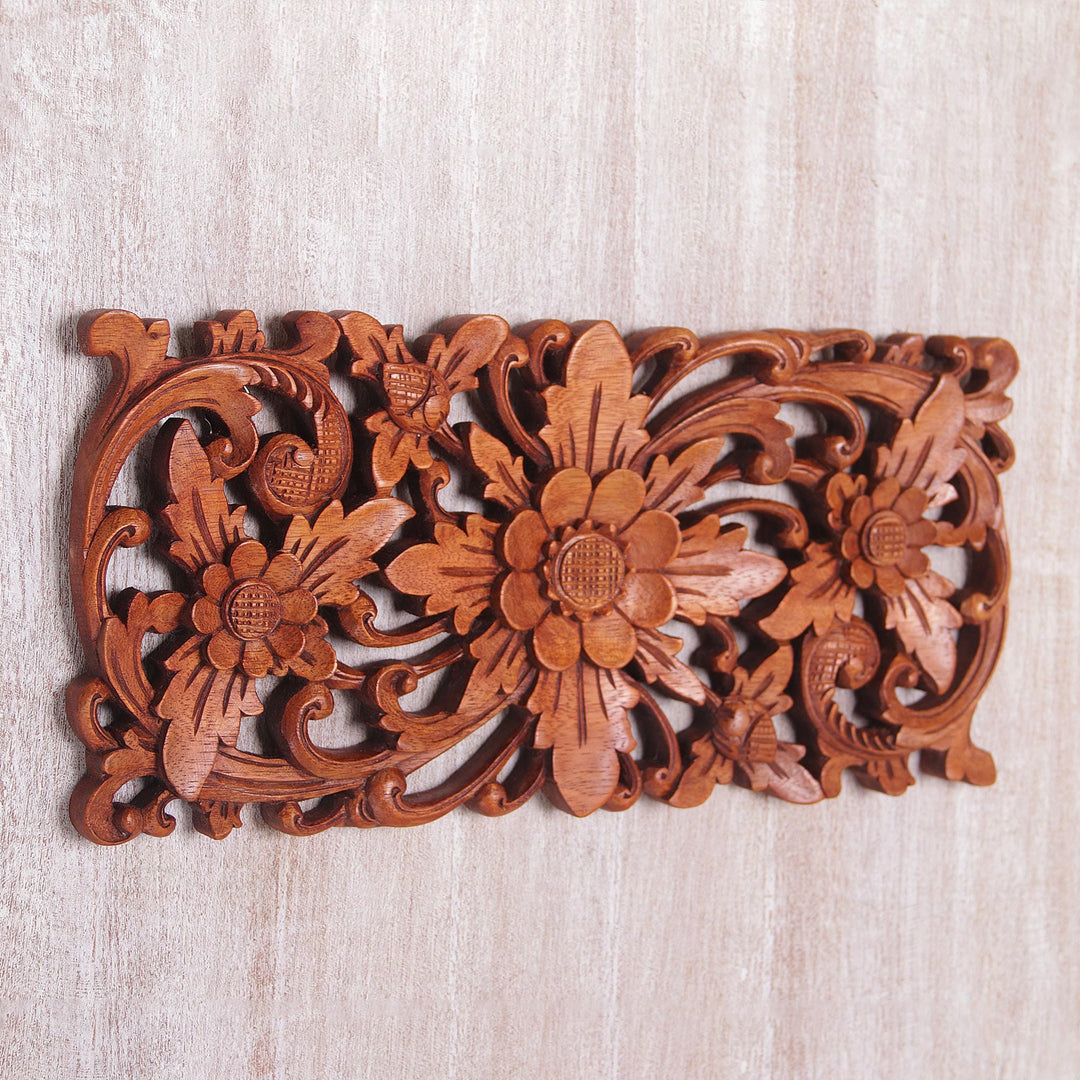 Hand Carved Suar Wood Floral Wall Panel - Majestic Flowers