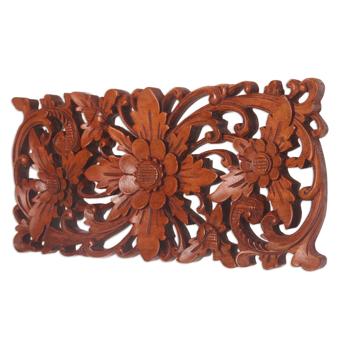 Hand Carved Suar Wood Floral Wall Panel - Majestic Flowers