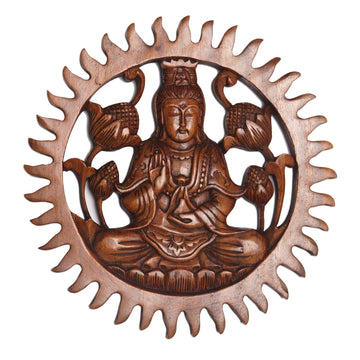 Hand Carved Suar Wood Kwan Im Wall Panel - Meditating Kwan Im