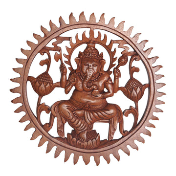 Hand Carved Suar Wood Ganesha Wall Relief Panel - Ganesha in the Garden