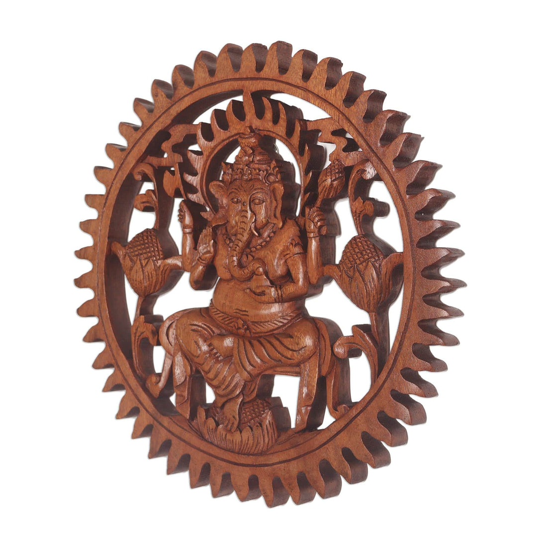 Hand Carved Suar Wood Ganesha Wall Relief Panel - Ganesha in the Garden