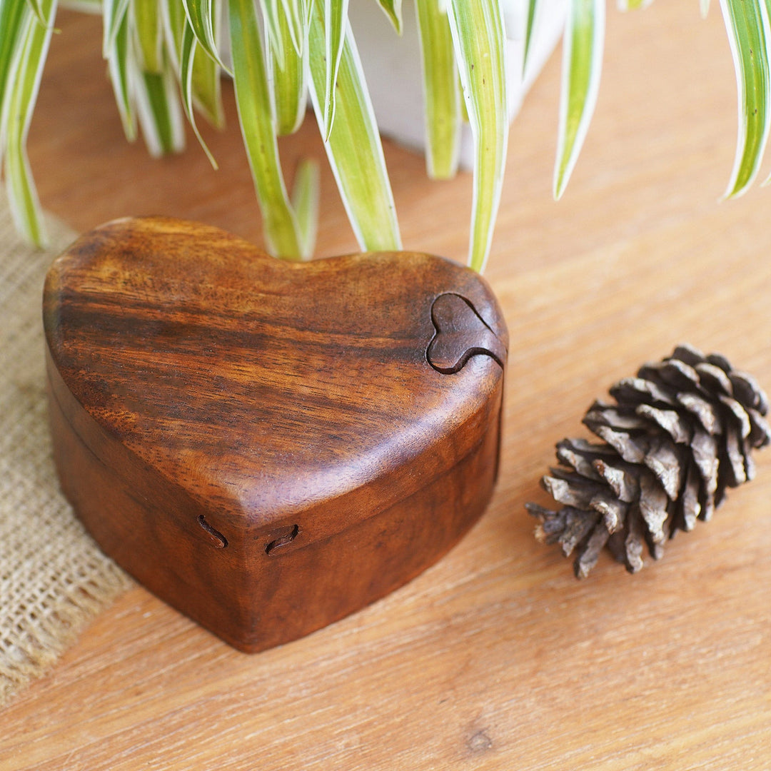 Hand Carved Suar Wood Puzzle Heart Box from Bali - All My Love