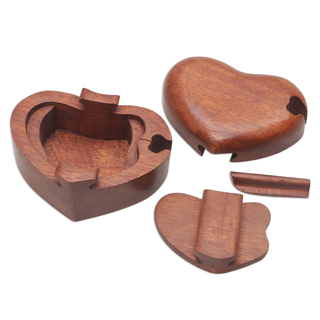 Hand Carved Suar Wood Puzzle Heart Box from Bali - All My Love