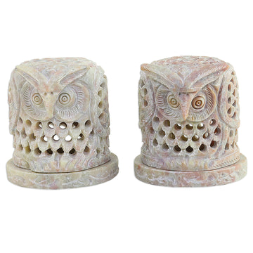 Hand Carved Soapstone Owl Tealight Candle Holders (Pair) - Up Owl Night