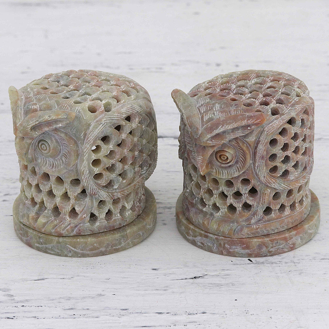 Hand Carved Soapstone Owl Tealight Candle Holders (Pair) - Up Owl Night