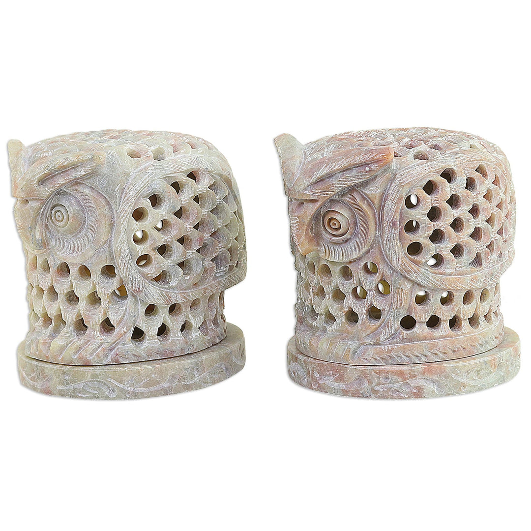 Hand Carved Soapstone Owl Tealight Candle Holders (Pair) - Up Owl Night