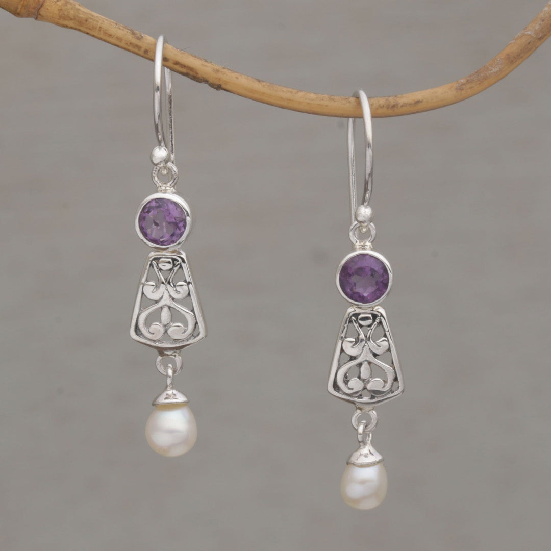 Hook Earrings with Amethyst and Cultured Pearl - Gracious Offering