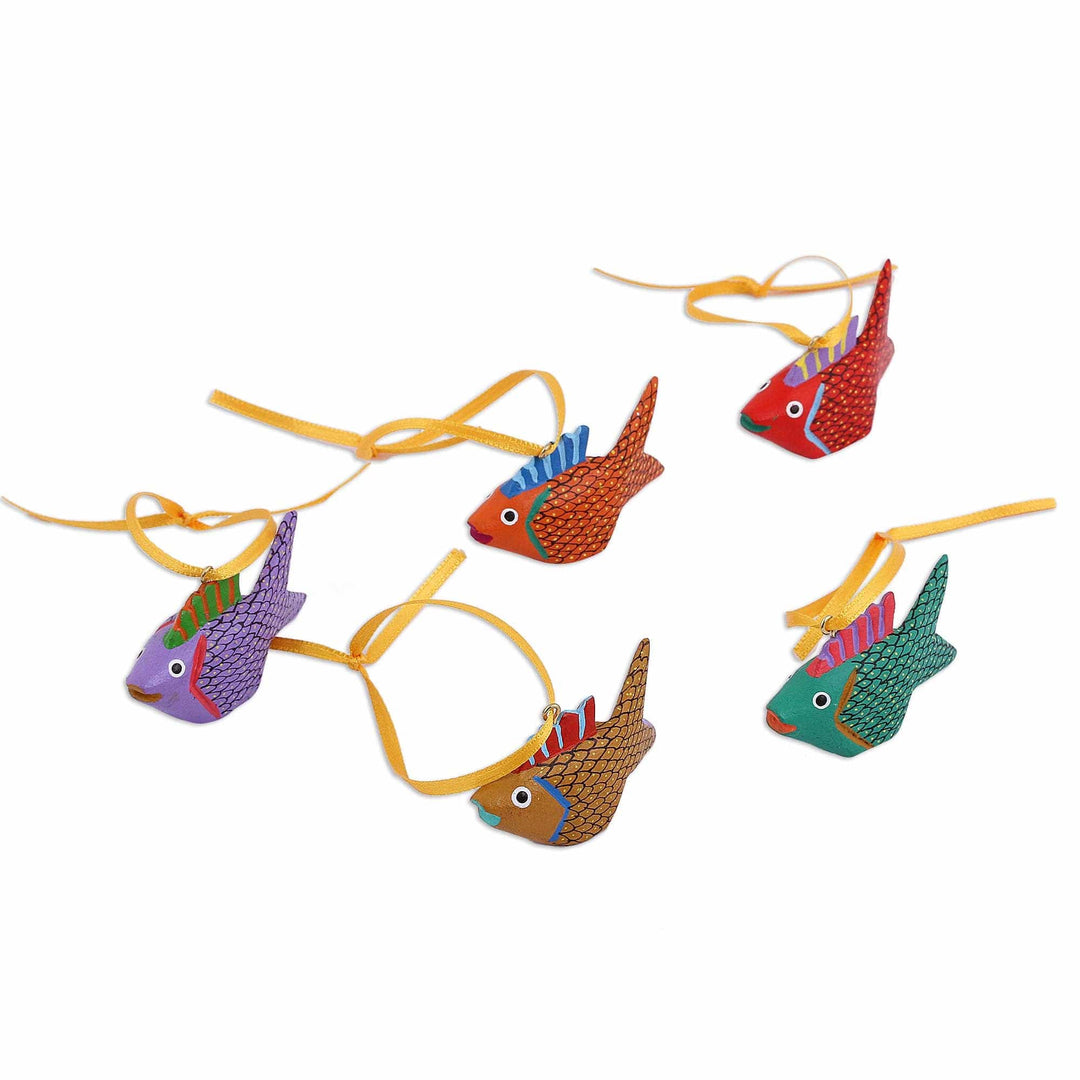 Painted Wood Alebrije Fish Ornaments (Set of 5) from Mexico - Sweet Fish