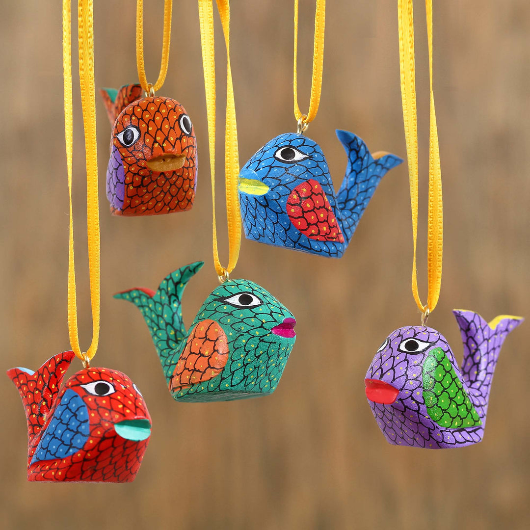 Painted Wood Alebrije Whale Ornaments (Set of 5) from Mexico - Sweet Whales