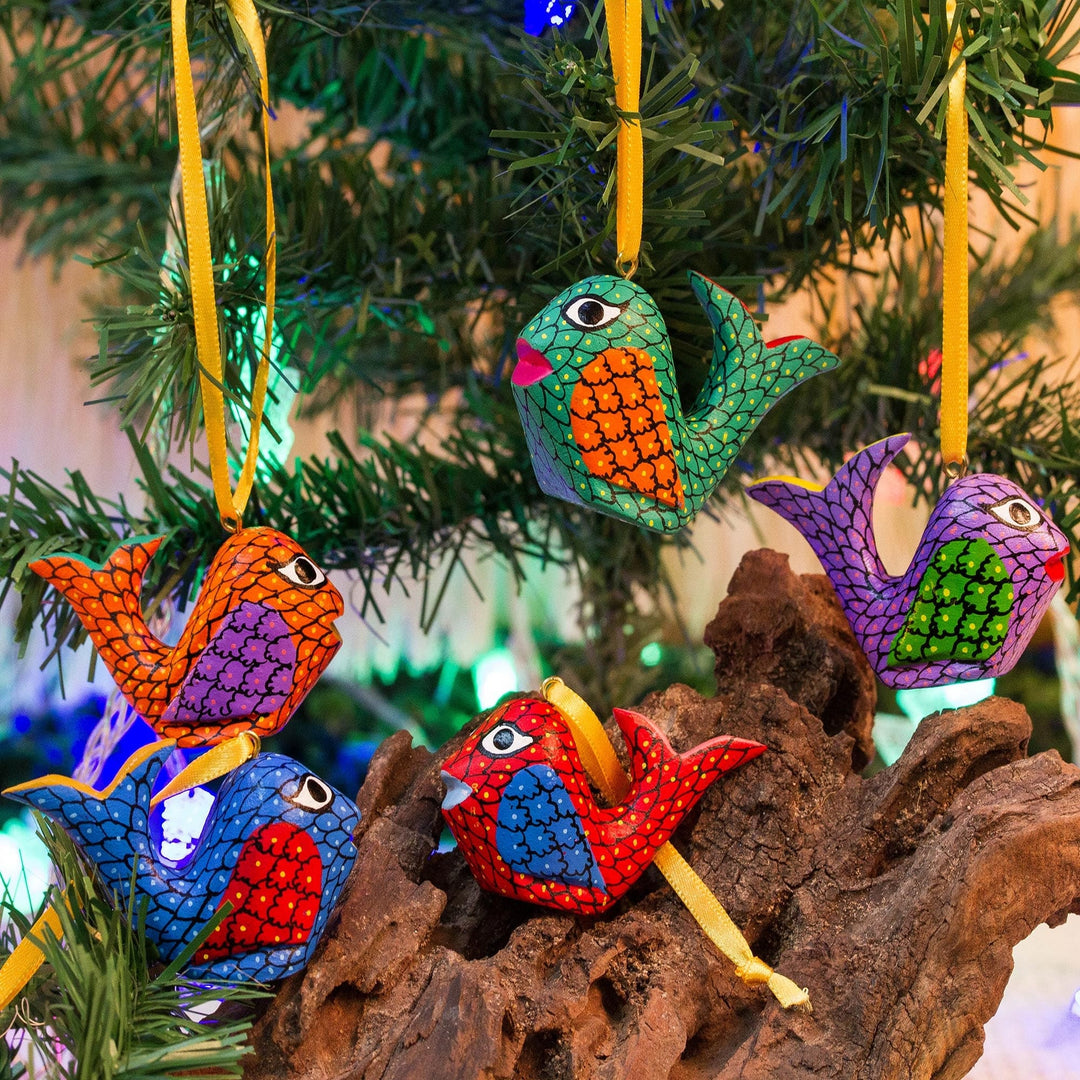 Painted Wood Alebrije Whale Ornaments (Set of 5) from Mexico - Sweet Whales